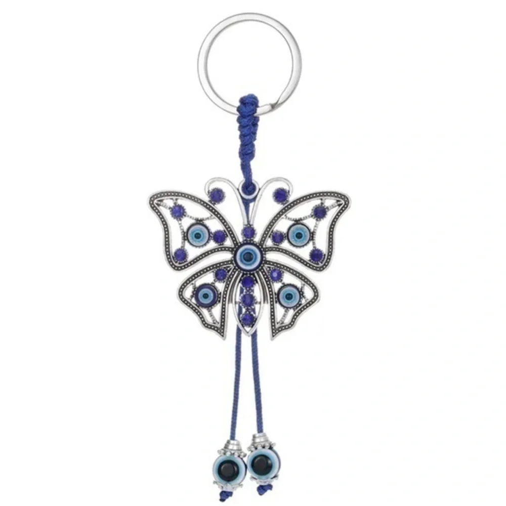 NEW Butterfly Blue & Silver Rope Good Luck Charm Bead Tassel Evil Eye Keychain